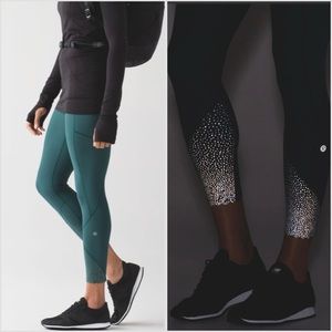 NWT Lululemon Tight Stuff Tight II 25” Deep Green Reflective Leggings 7/8 Size 4